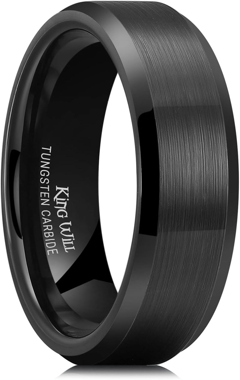 King Will Tungsten Men's Wedding Ring - Available in 6mm to 10mm, Black/Silver, Matte Finish, Beveled Polished Edge, Comfort Fit - Image 1